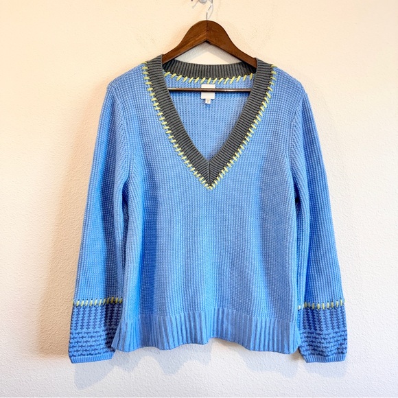 Coastal Preppy Textured V-Neck Sweater NIC+ZOE Blue Tipped Knit Cottagecore Chic - Picture 2 of 12